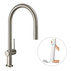 Hansgrohe Talis M54 Single Lever Kitchen Mixer 210 With Pull Out Spray And SBox - Stainless Steel -Espaces Bain Shop 72801800 l1