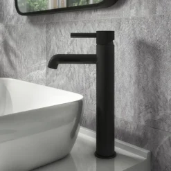 Arezzo Fluted Round Matt Black High Rise Mono Basin Mixer Tap -Espaces Bain Shop az2ltmbf nd3