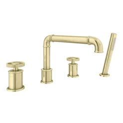 Arezzo Brushed Brass 4TH Industrial Style Deck Mounted Bath Shower Mixer Inc. Pull Out Handset -Espaces Bain Shop azisbb04d2