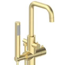 Arezzo Round Thermostatic Floor Mounted Freestanding Bath Shower Mixer Brushed Brass -Espaces Bain Shop azrdtfstbb1 d1