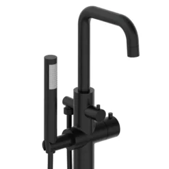 Arezzo Round Thermostatic Floor Mounted Freestanding Bath Shower Mixer Matt Black -Espaces Bain Shop azrdtfstmb1 d1