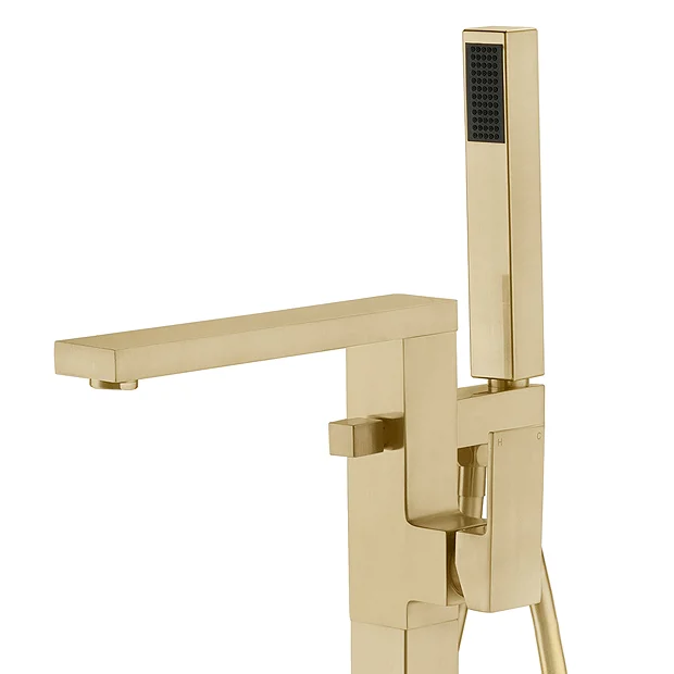 Arezzo Square Brushed Brass Floor Mounted Free-standing Bath Shower Mixer 3 Arezzo Square Brushed Brass Floor Mounted Free-standing Bath Shower Mixer