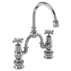 Burlington Anglesey Regal Bridge Curved Spout Basin Mixer (200mm Centers) W Plug & Chain -Espaces Bain Shop burlingtonclaremontregalbridgecurvedspoutbasinmixer200mmcentersl