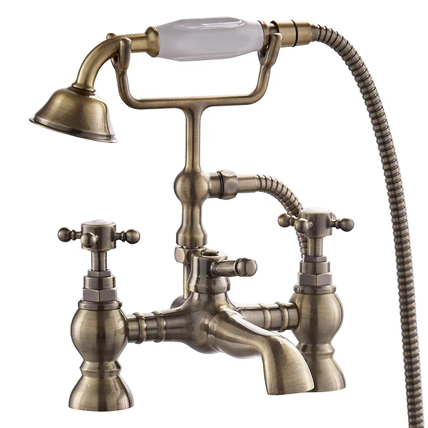 Chatsworth 1928 Antique Brass Crosshead Bath Shower Mixer Tap With Shower Kit 4 Chatsworth 1928 Antique Brass Crosshead Bath Shower Mixer Tap With Shower Kit - Image 2